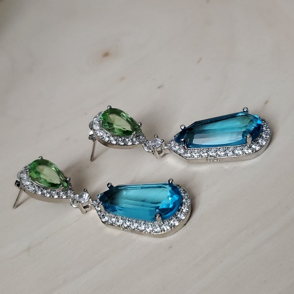 Sterling Silver 925 Aquamarine Peridot Dangle Earrings - Picture 9 of 12